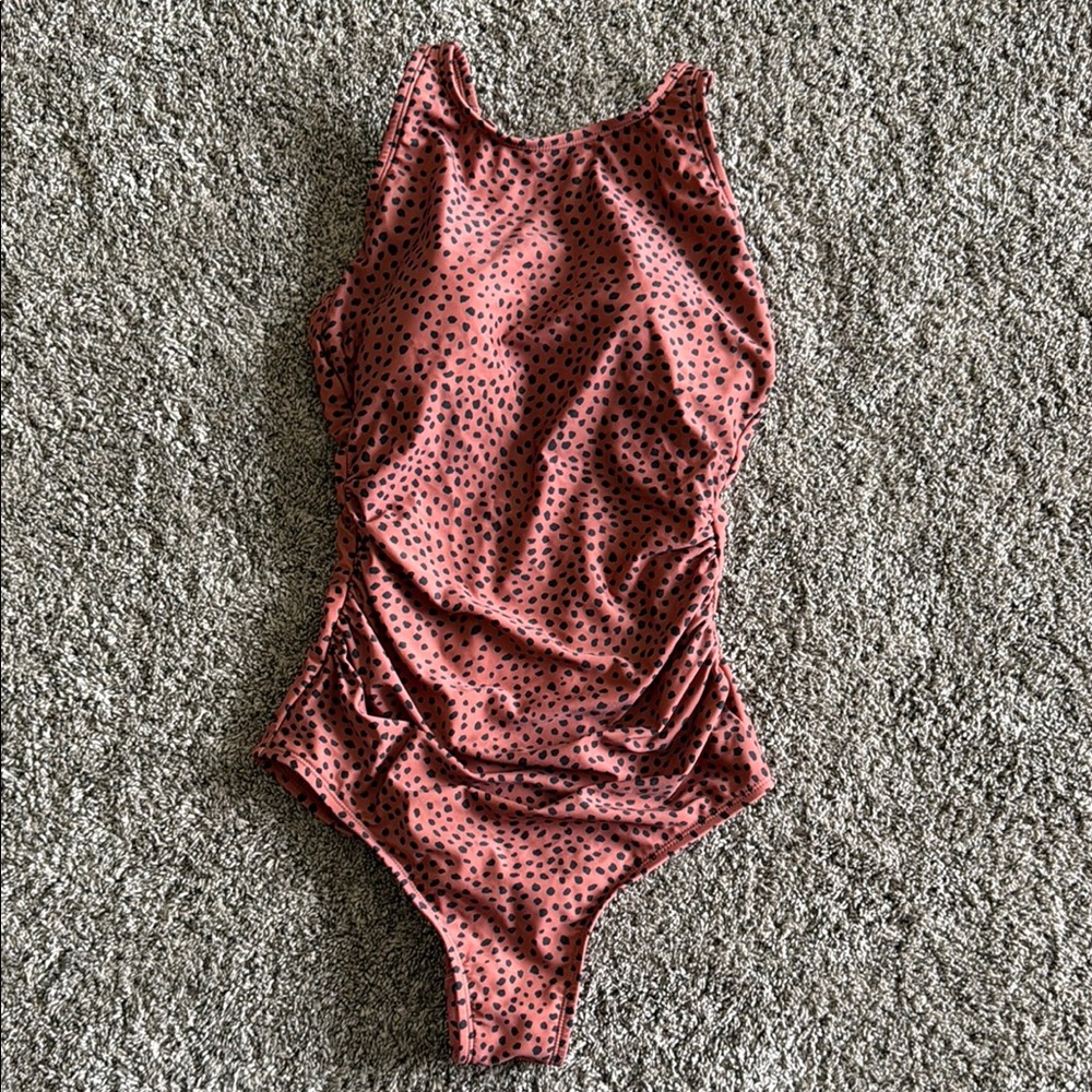 Kona Sol Rust Red One-Piece Swimsuit with Black Spot Print